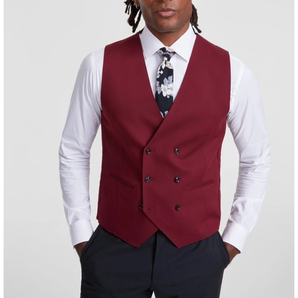 Tayion Collection Regular fit Double Breasted Suit Vest Medium Red E06937